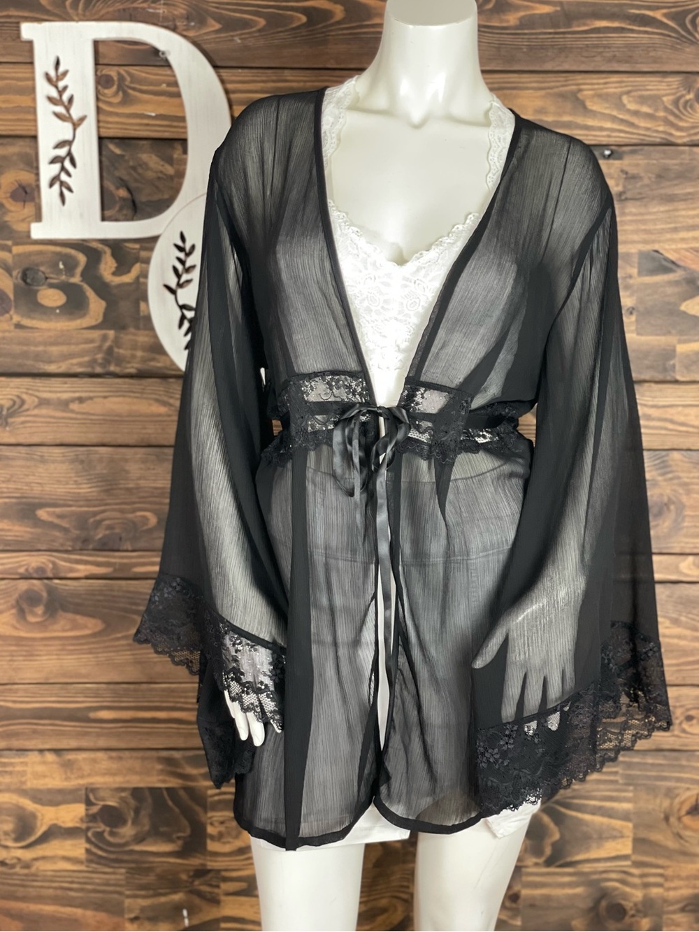 Cassandra Intimates | Sheer Black Lace-Trim Kimono Robe Satin Waist Tie Scallop